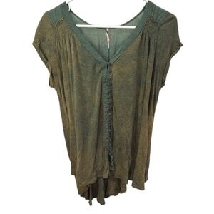 Free People Olive‎ Green Button Down Top High Low Hem Boho Blouse Small